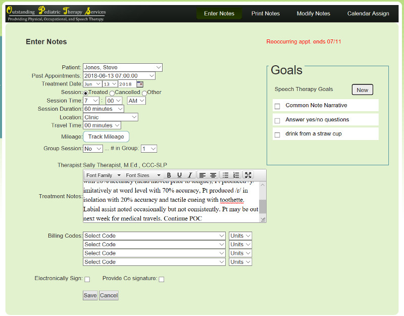 eTherapyDocs Electronic Treatment Note Entry